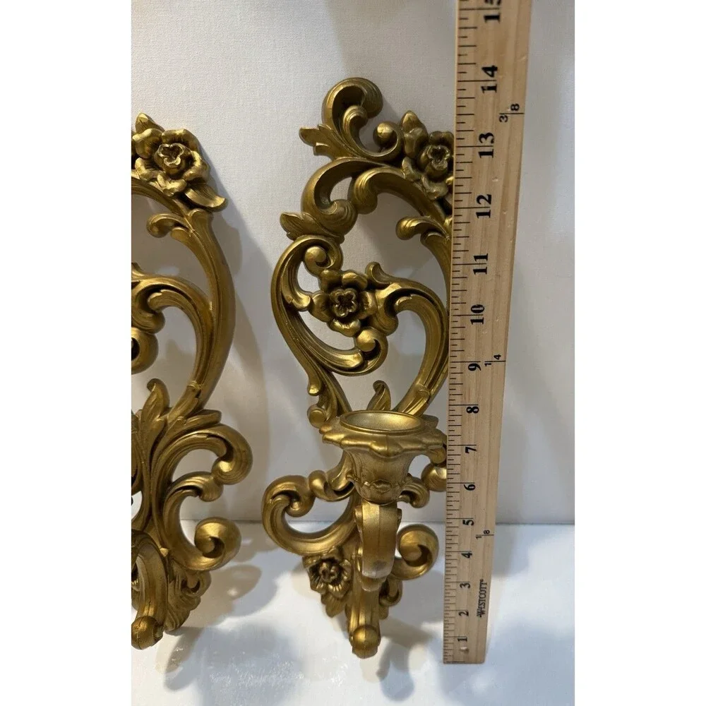 Vintage 1971 Homco Ornate Floral Scroll Wall Sconces Candle Holders Hollywood